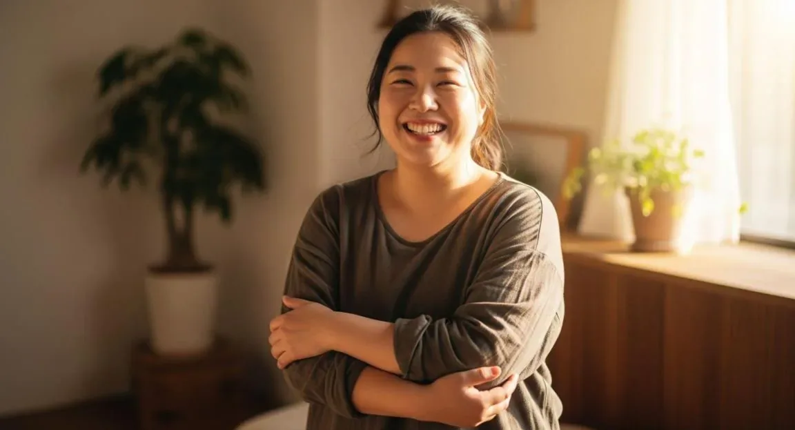 A smiling woman standing in a sunlit living room